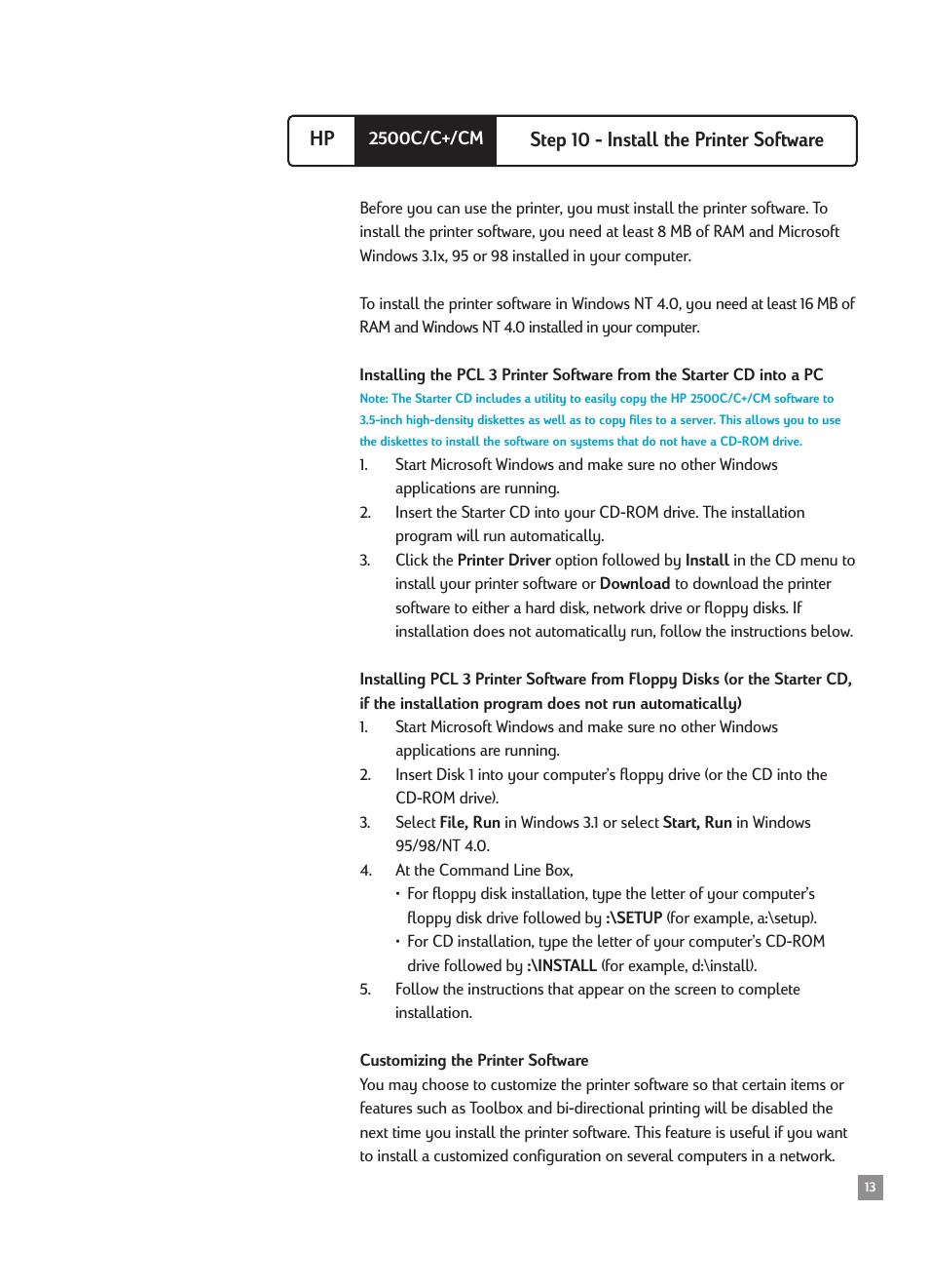 Step 10 - install the printer software, Hp step 10 - install the printer software | HP 2500CMHP User Manual | Page 17 / 66