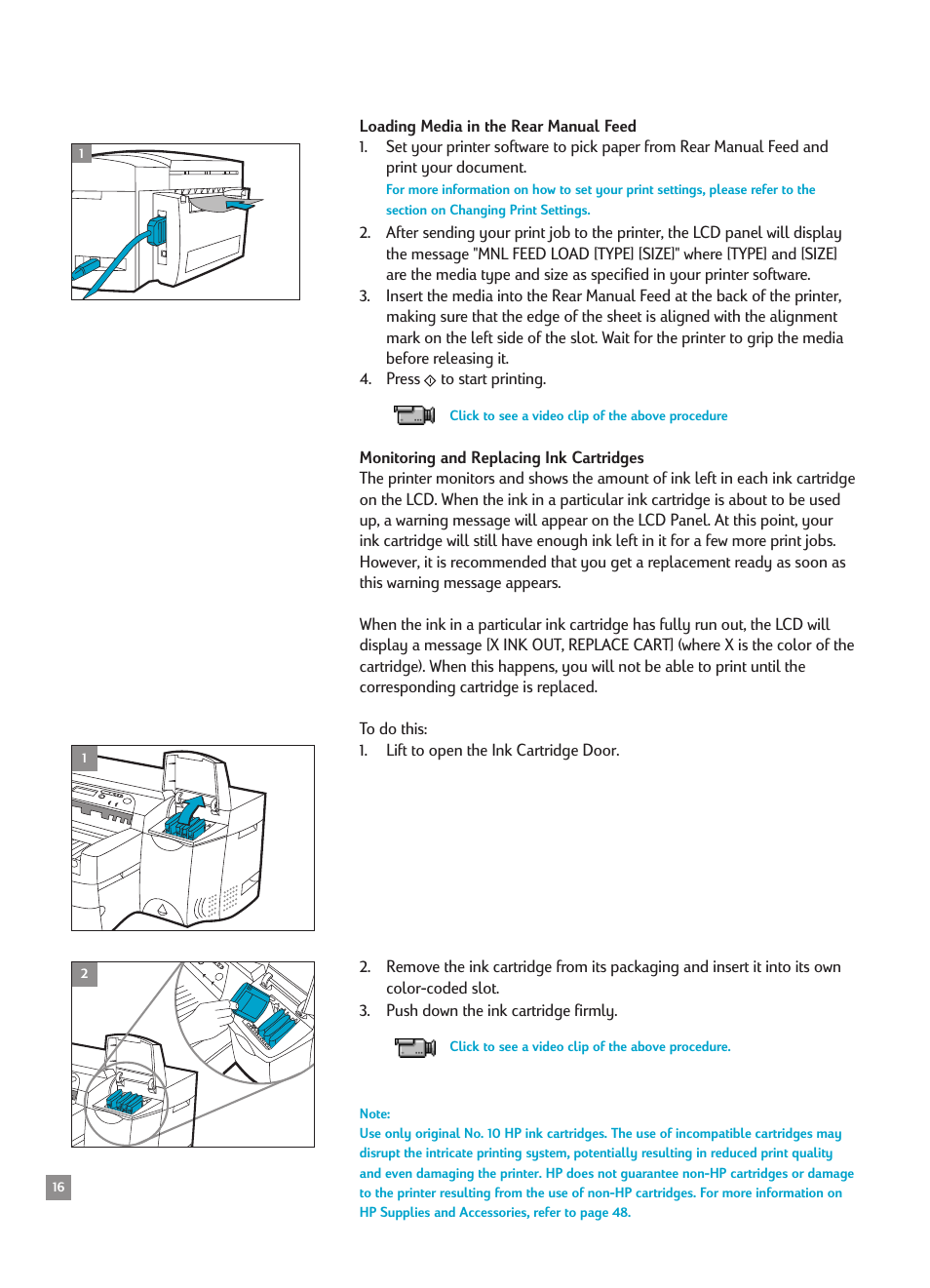 Loading media in the rear manual feed, Monitoring and replacing ink cartridges | HP 2500CMHP User Manual | Page 20 / 66