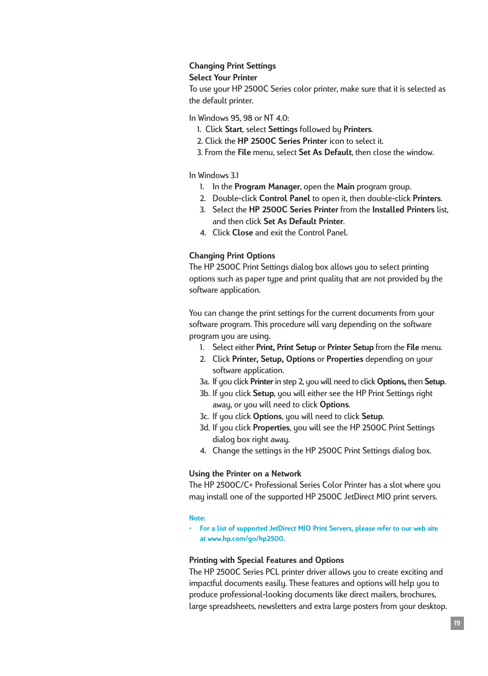 Changing print settings, Changing print options, Using the printer on a network | Printing with special features and options, Section on changing print settings | HP 2500CMHP User Manual | Page 23 / 66