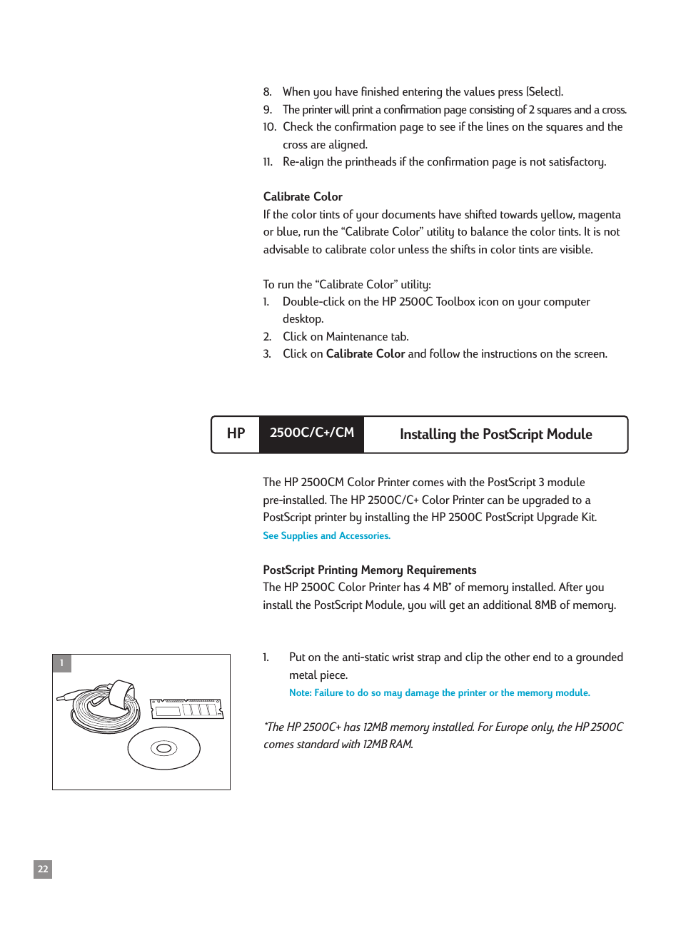 Installing the postscript module, Calibrate color, Hp installing the postscript module | HP 2500CMHP User Manual | Page 26 / 66