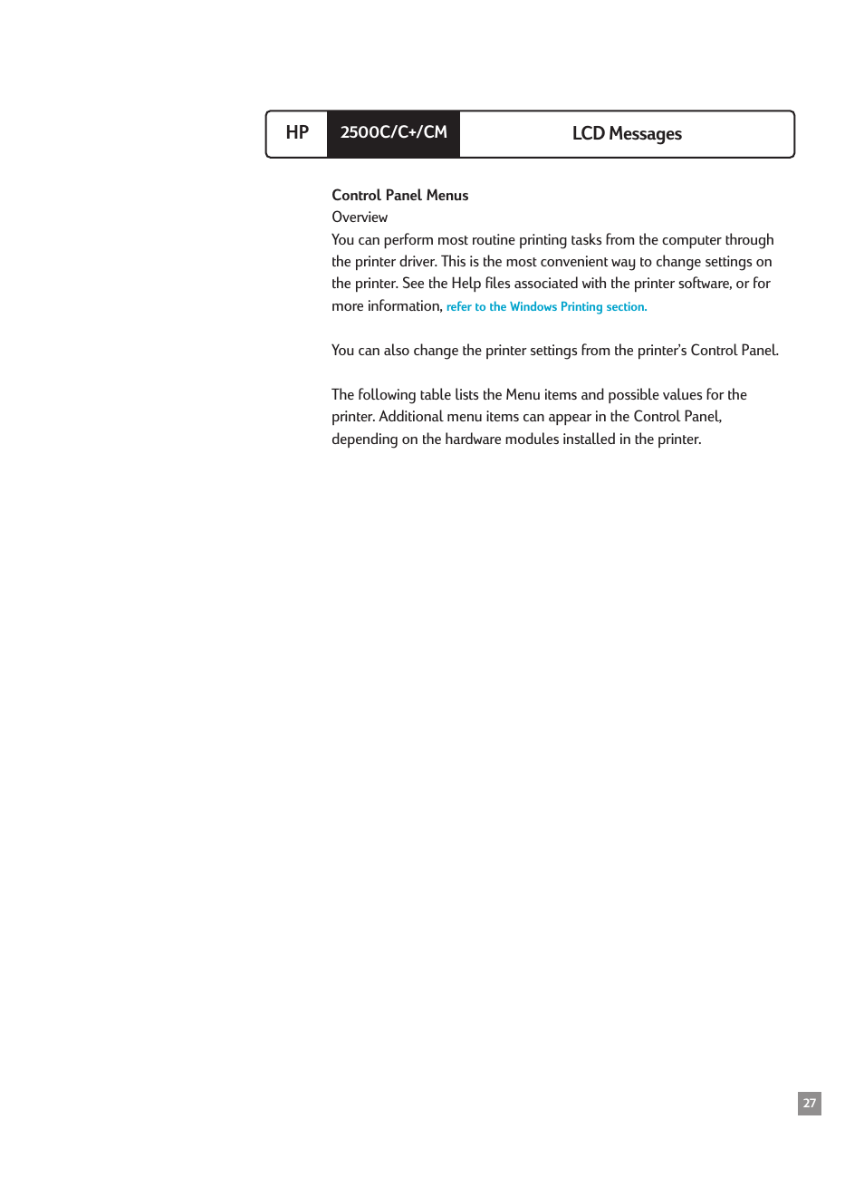 Lcd messages, Control panel menus, Overview | Hp lcd messages | HP 2500CMHP User Manual | Page 31 / 66