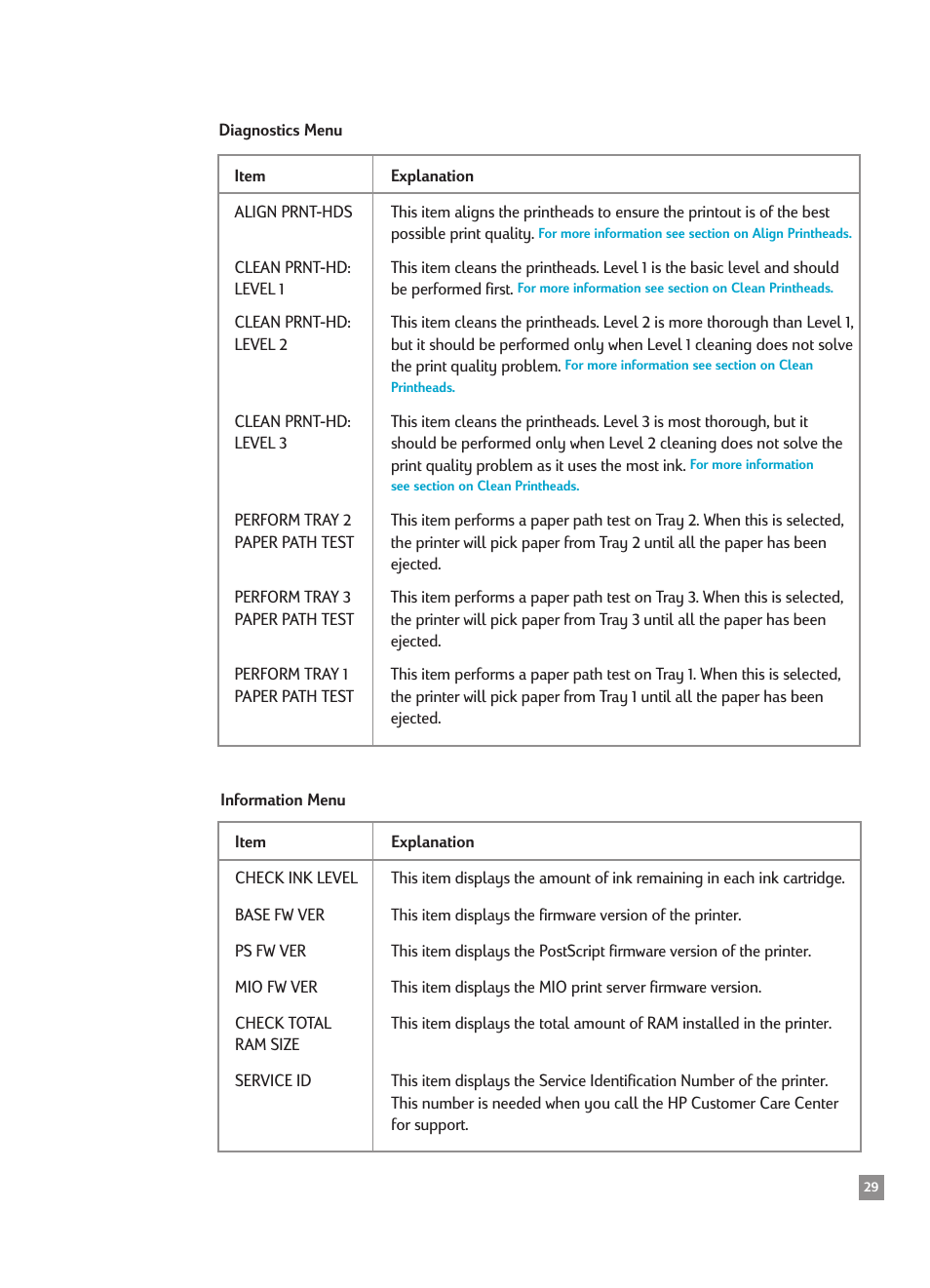 Diagnostics menu, Information menu | HP 2500CMHP User Manual | Page 33 / 66