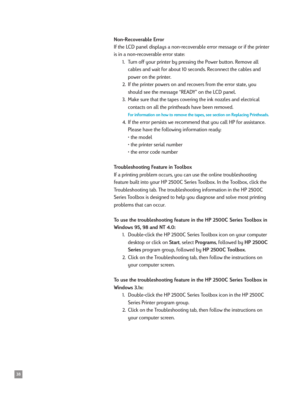 Non-recoverable error, Troubleshooting feature in toolbox | HP 2500CMHP User Manual | Page 42 / 66