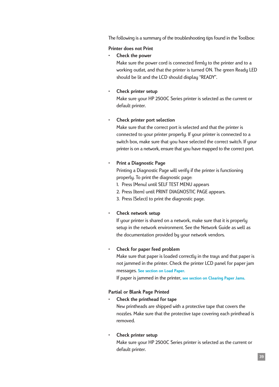 Printer does not print | HP 2500CMHP User Manual | Page 43 / 66