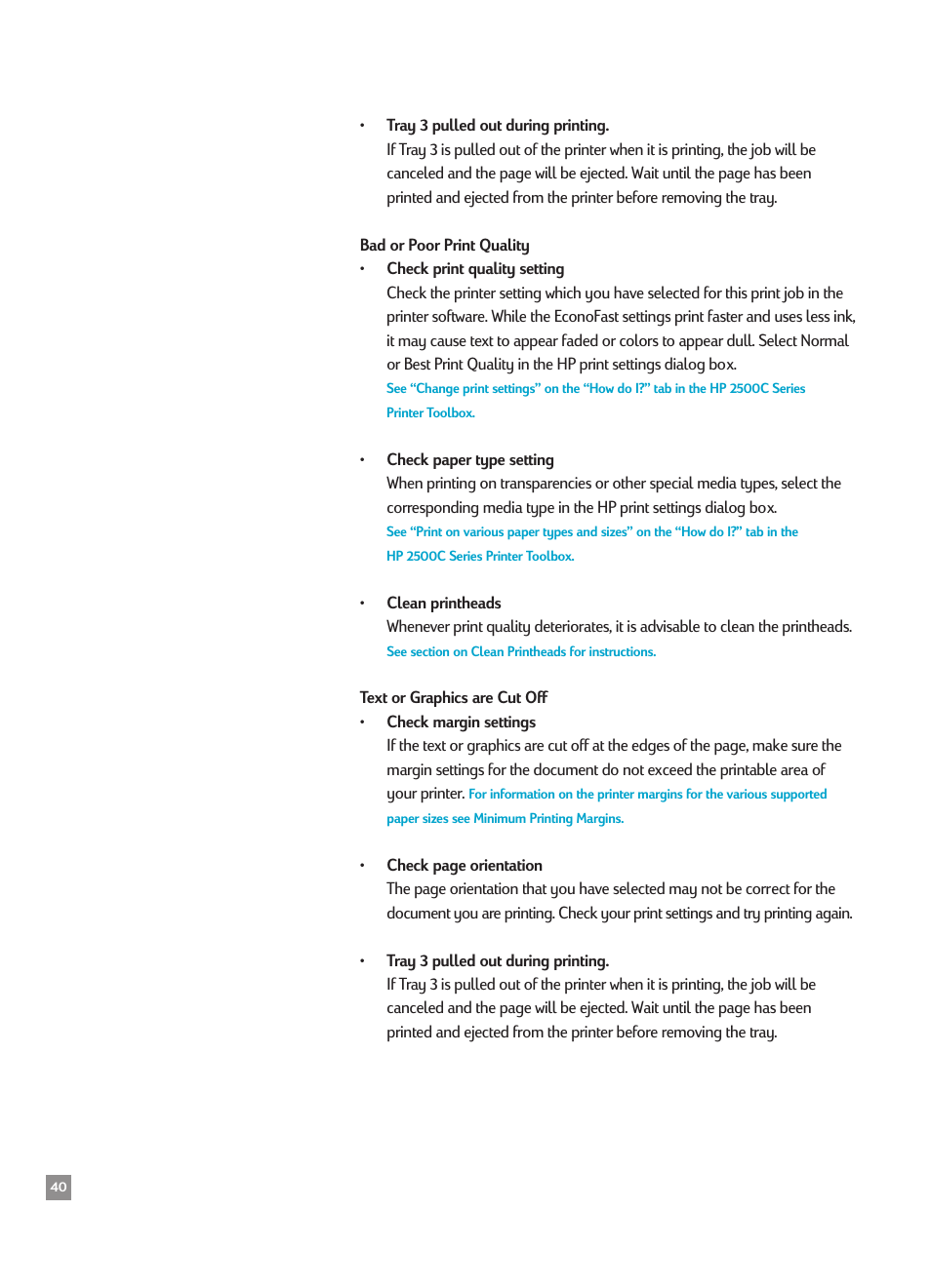 Bad or poor print quality, Text or graphics are cut off | HP 2500CMHP User Manual | Page 44 / 66