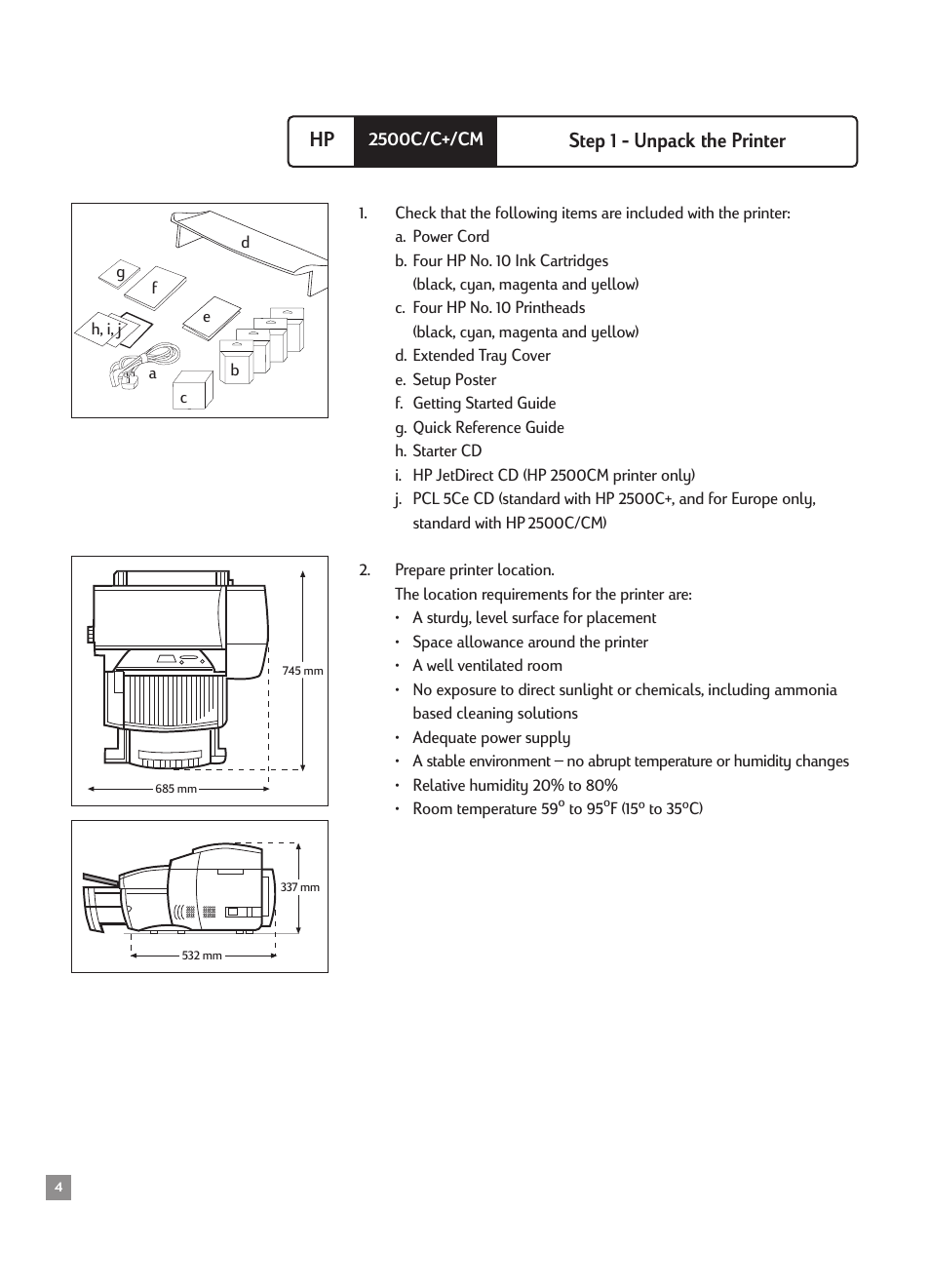 Step 1 - unpack the printer, Hp step 1 - unpack the printer | HP 2500CMHP User Manual | Page 8 / 66