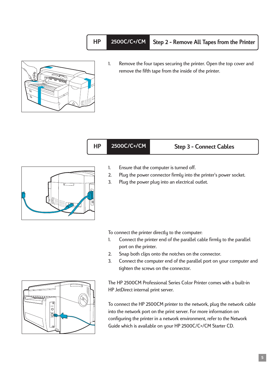 Step 2 - remove all tapes from the printer, Step 3 - connect cables | HP 2500CMHP User Manual | Page 9 / 66