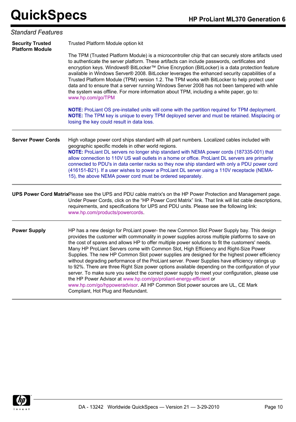 Quickspecs, Hp proliant ml370 generation 6 standard features | HP ProLiant ML370 User Manual | Page 10 / 50