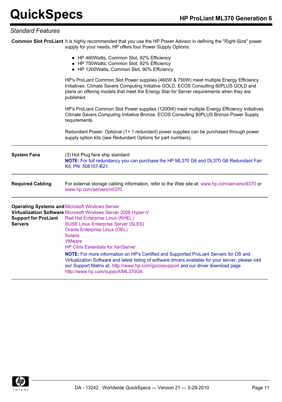 Quickspecs, Hp proliant ml370 generation 6 standard features | HP ProLiant ML370 User Manual | Page 11 / 50