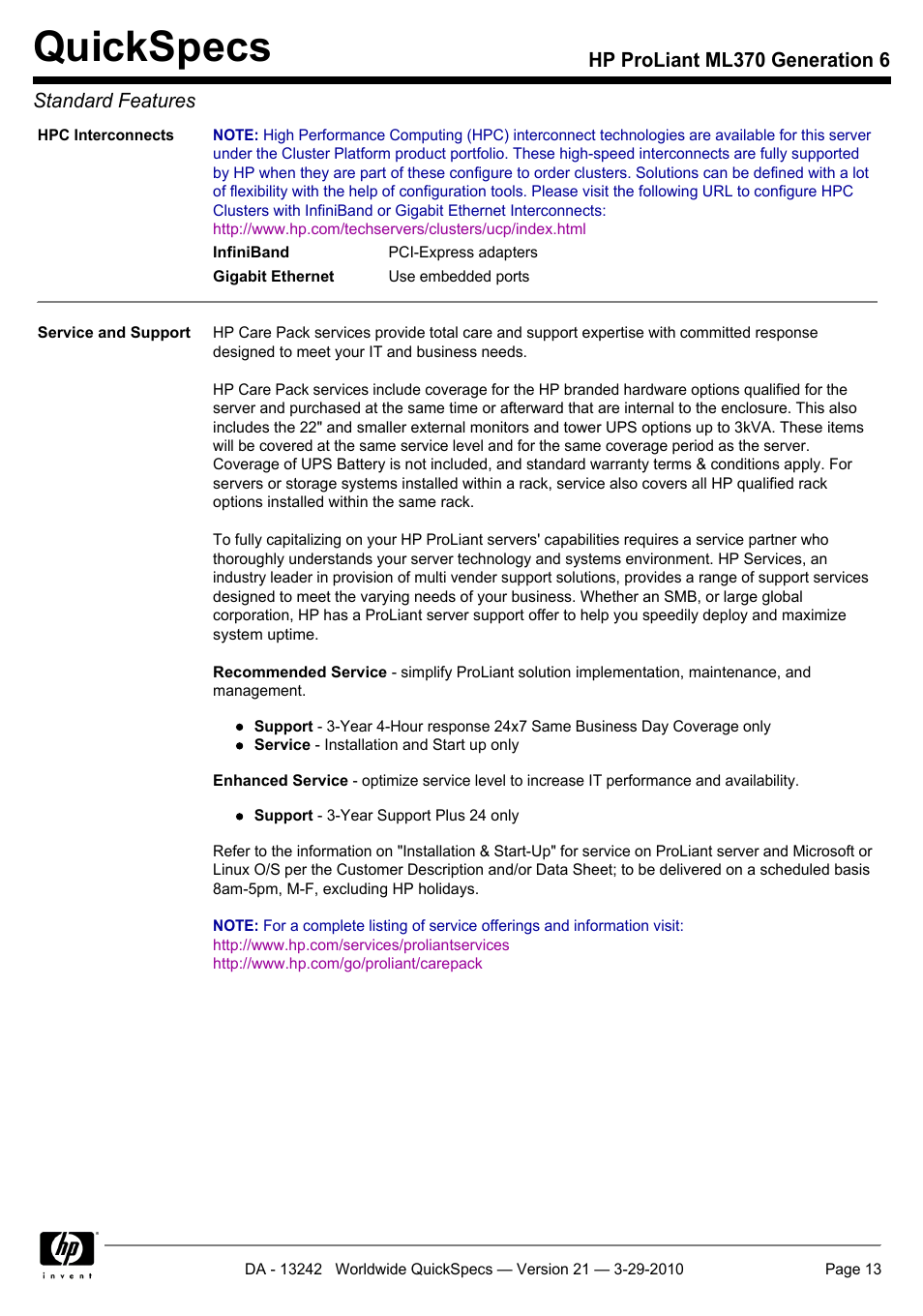 Quickspecs | HP ProLiant ML370 User Manual | Page 13 / 50