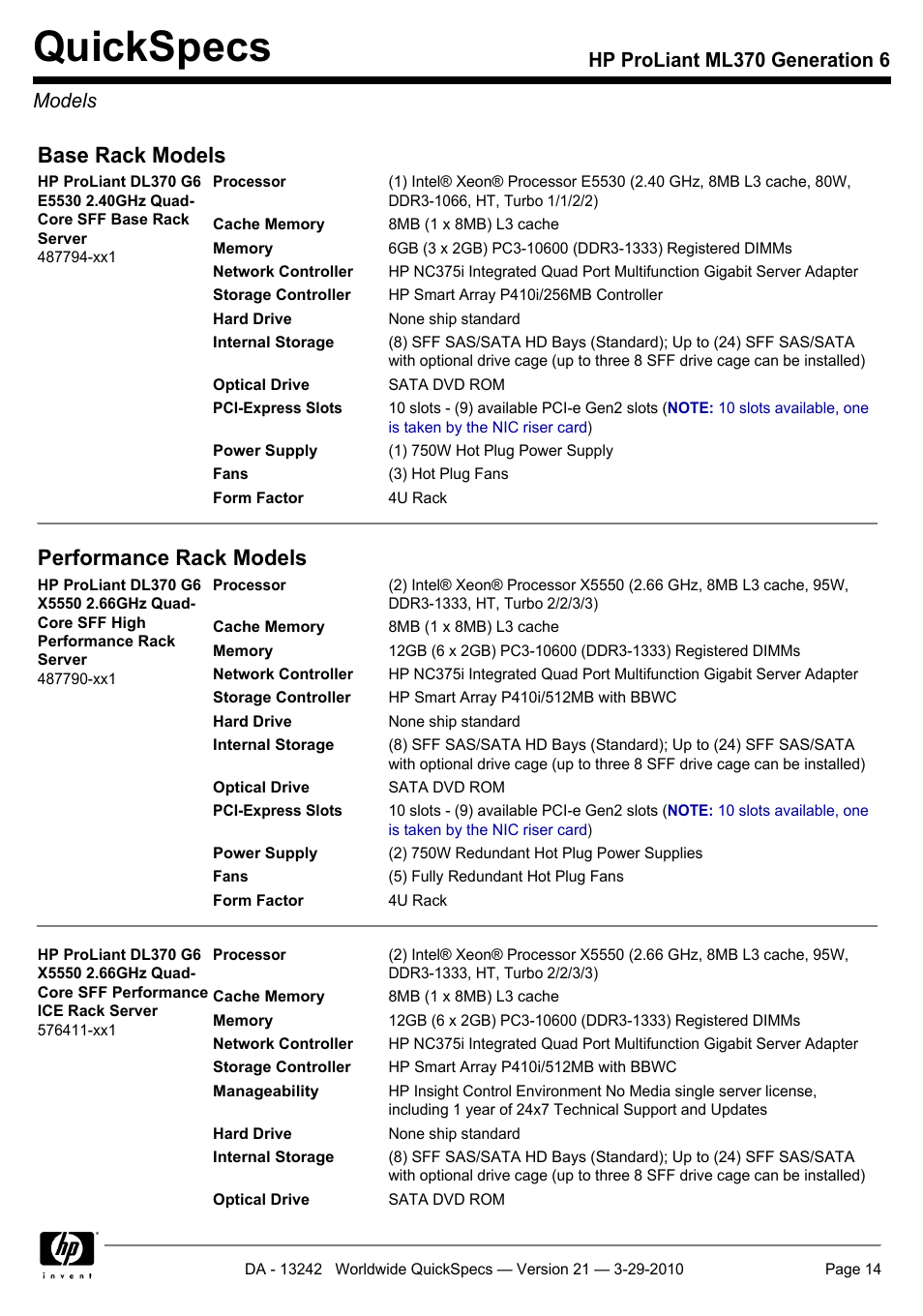 Models, Quickspecs, Base rack models | Performance rack models, Hp proliant ml370 generation 6 models | HP ProLiant ML370 User Manual | Page 14 / 50