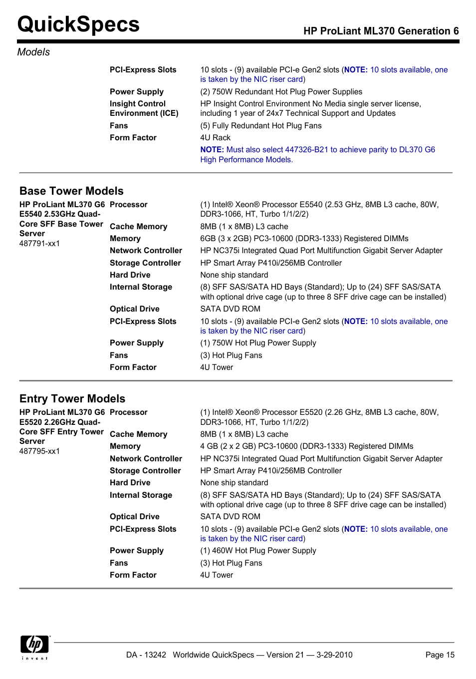Quickspecs, Base tower models, Entry tower models | Hp proliant ml370 generation 6 models | HP ProLiant ML370 User Manual | Page 15 / 50