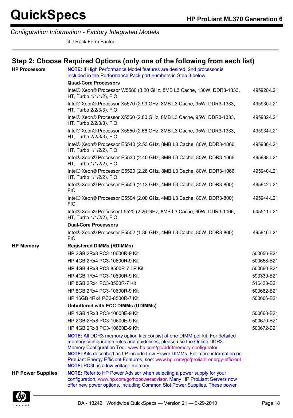 Quickspecs | HP ProLiant ML370 User Manual | Page 18 / 50