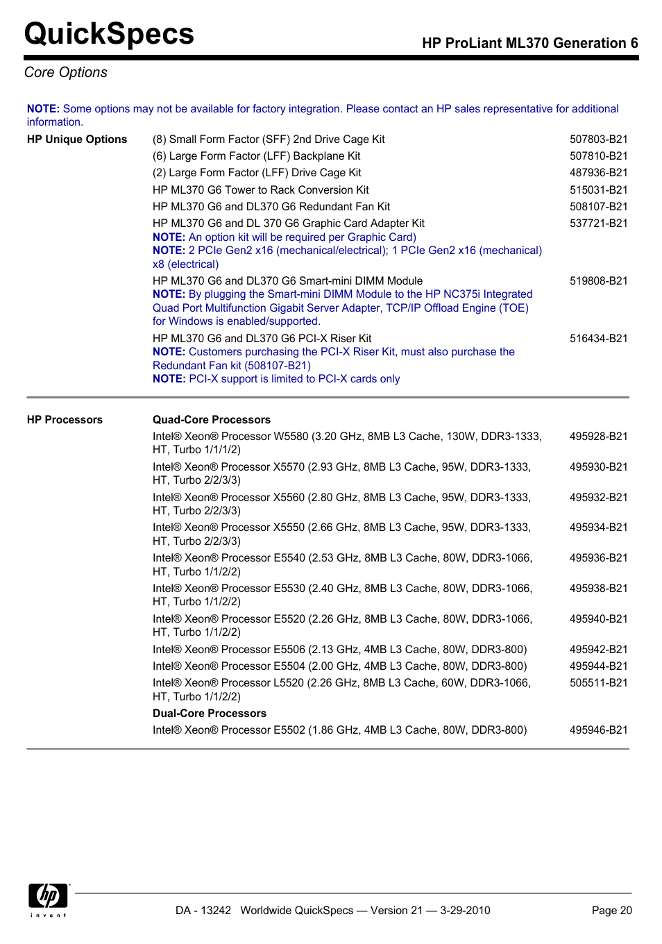 Core options, Quickspecs, Hp proliant ml370 generation 6 core options | HP ProLiant ML370 User Manual | Page 20 / 50