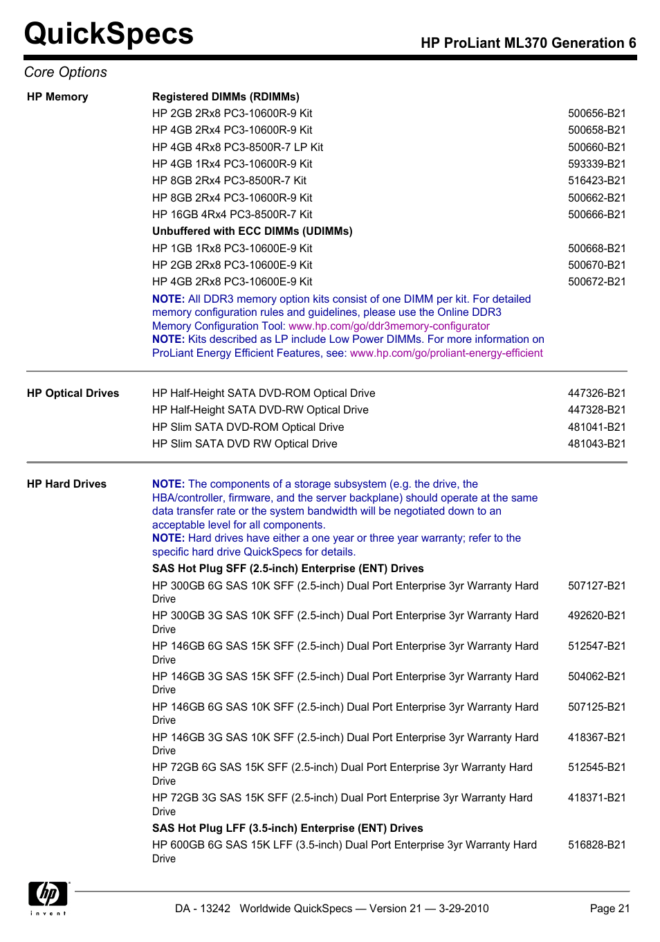 Quickspecs, Hp proliant ml370 generation 6 core options | HP ProLiant ML370 User Manual | Page 21 / 50
