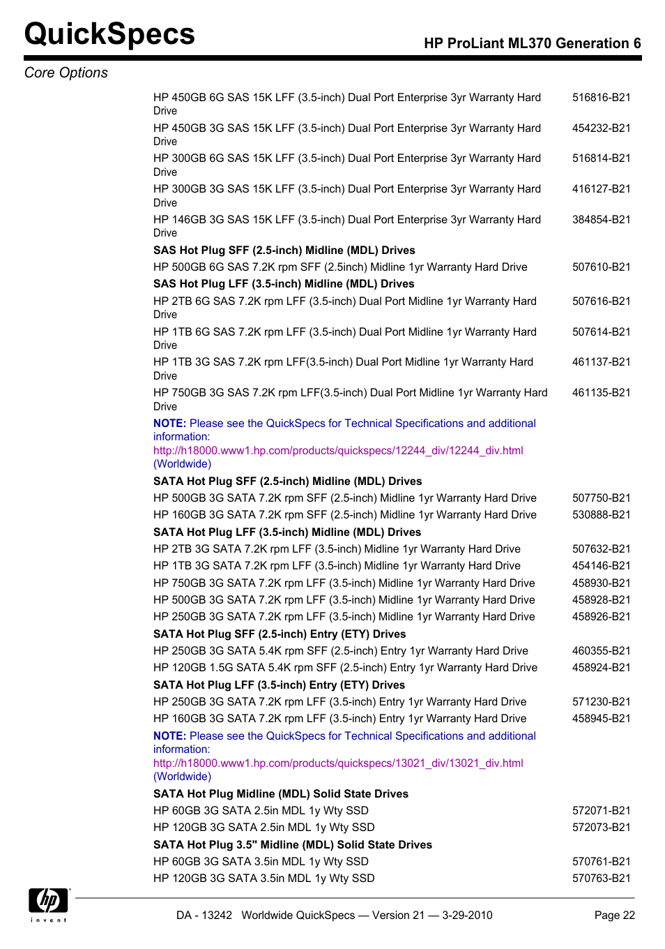 Quickspecs, Hp proliant ml370 generation 6 core options | HP ProLiant ML370 User Manual | Page 22 / 50