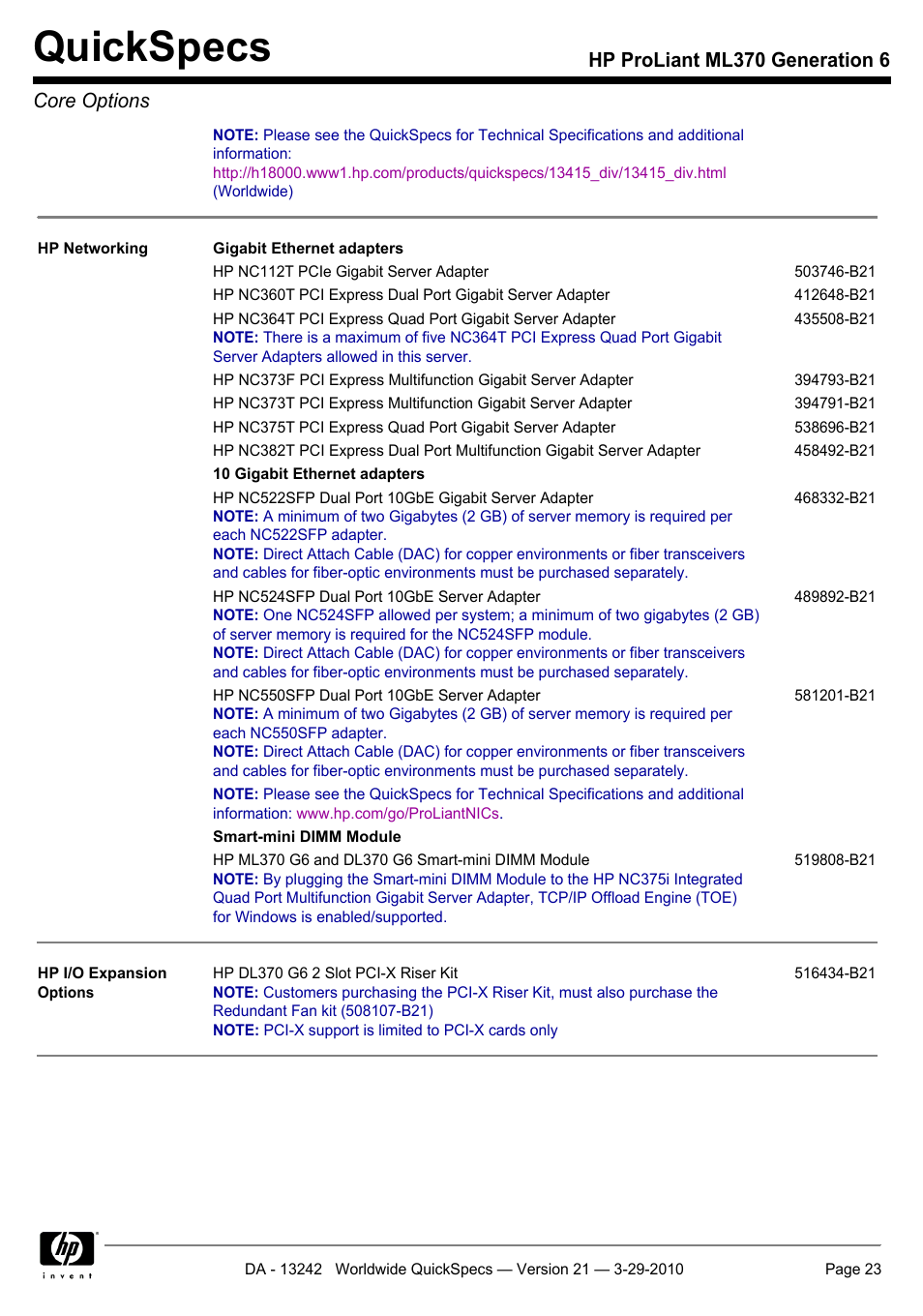 Quickspecs, Hp proliant ml370 generation 6 core options | HP ProLiant ML370 User Manual | Page 23 / 50