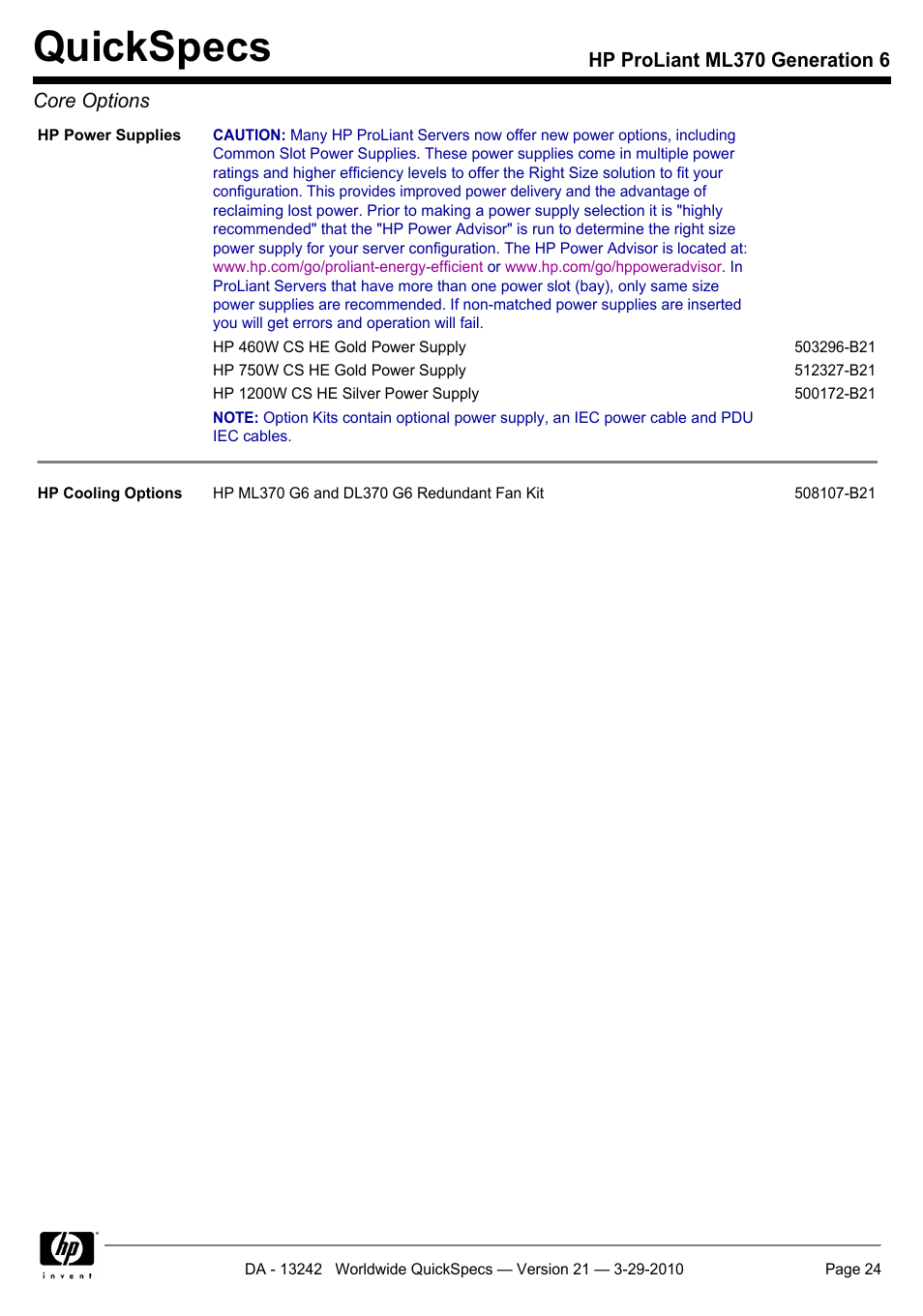 Quickspecs | HP ProLiant ML370 User Manual | Page 24 / 50