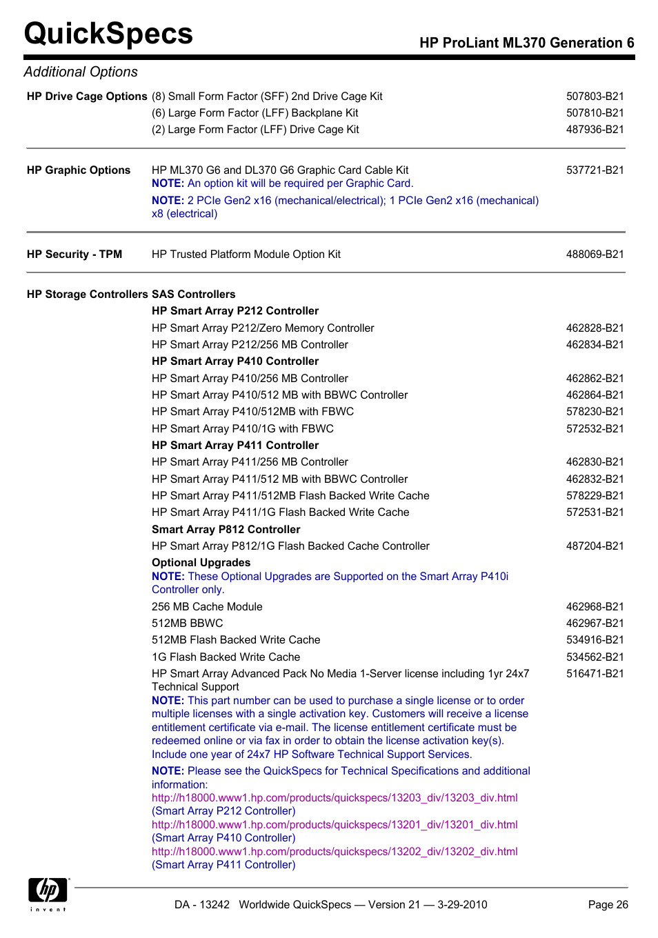 Quickspecs, Hp proliant ml370 generation 6 additional options | HP ProLiant ML370 User Manual | Page 26 / 50