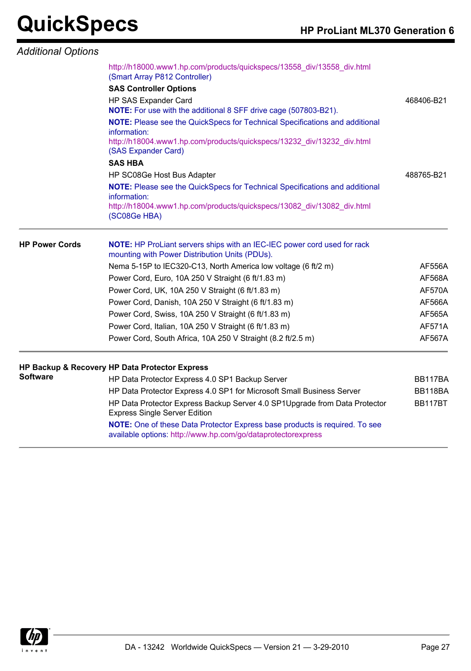 Quickspecs, Hp proliant ml370 generation 6 additional options | HP ProLiant ML370 User Manual | Page 27 / 50