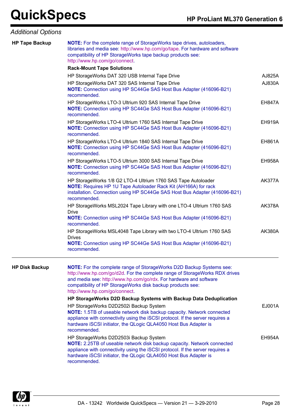 Quickspecs, Hp proliant ml370 generation 6 additional options | HP ProLiant ML370 User Manual | Page 28 / 50