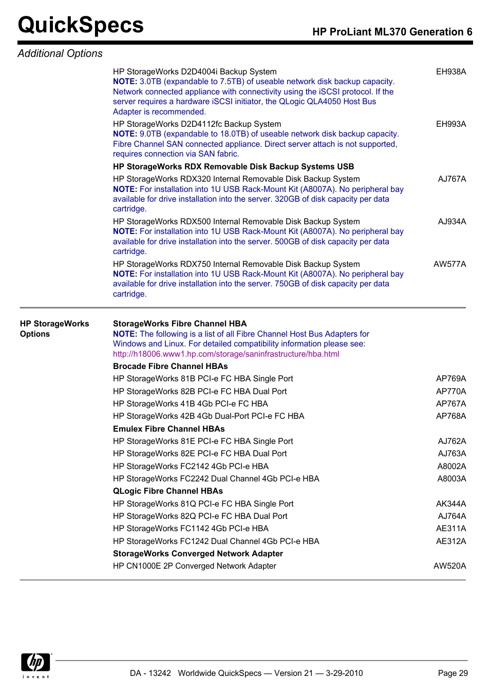 Quickspecs, Hp proliant ml370 generation 6 additional options | HP ProLiant ML370 User Manual | Page 29 / 50