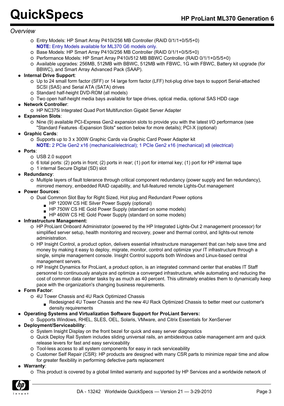 Quickspecs, Hp proliant ml370 generation 6 overview | HP ProLiant ML370 User Manual | Page 3 / 50