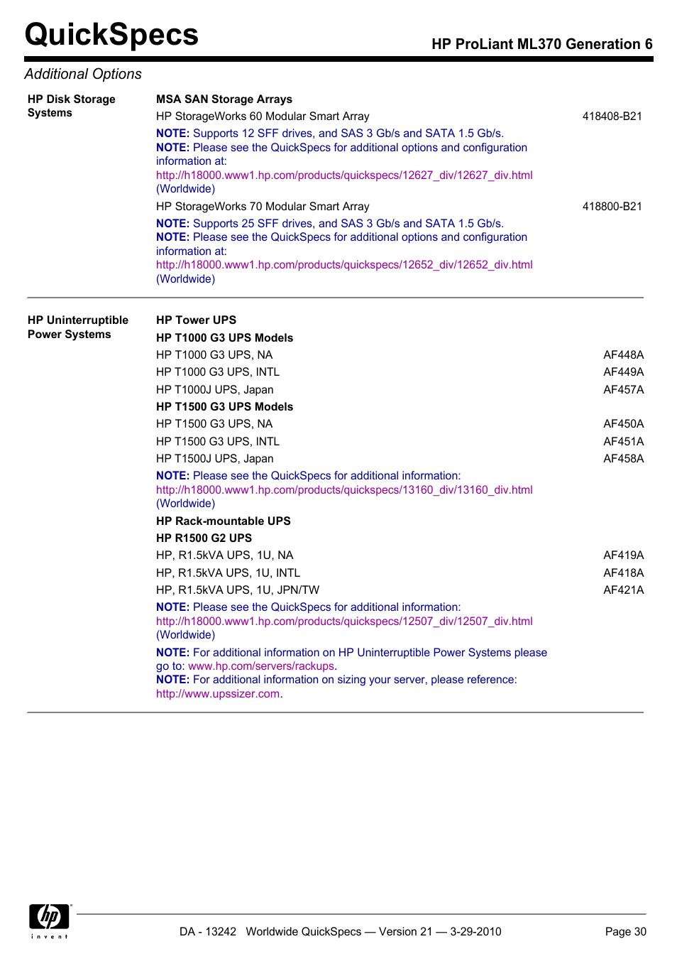 Quickspecs, Hp proliant ml370 generation 6 additional options | HP ProLiant ML370 User Manual | Page 30 / 50