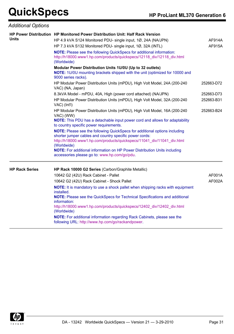 Quickspecs, Hp proliant ml370 generation 6 additional options | HP ProLiant ML370 User Manual | Page 31 / 50