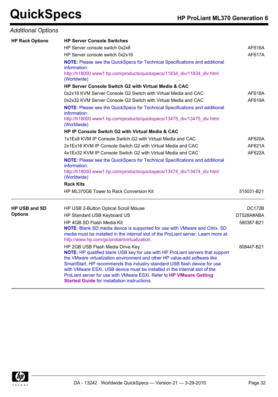 Quickspecs, Hp proliant ml370 generation 6 additional options | HP ProLiant ML370 User Manual | Page 32 / 50
