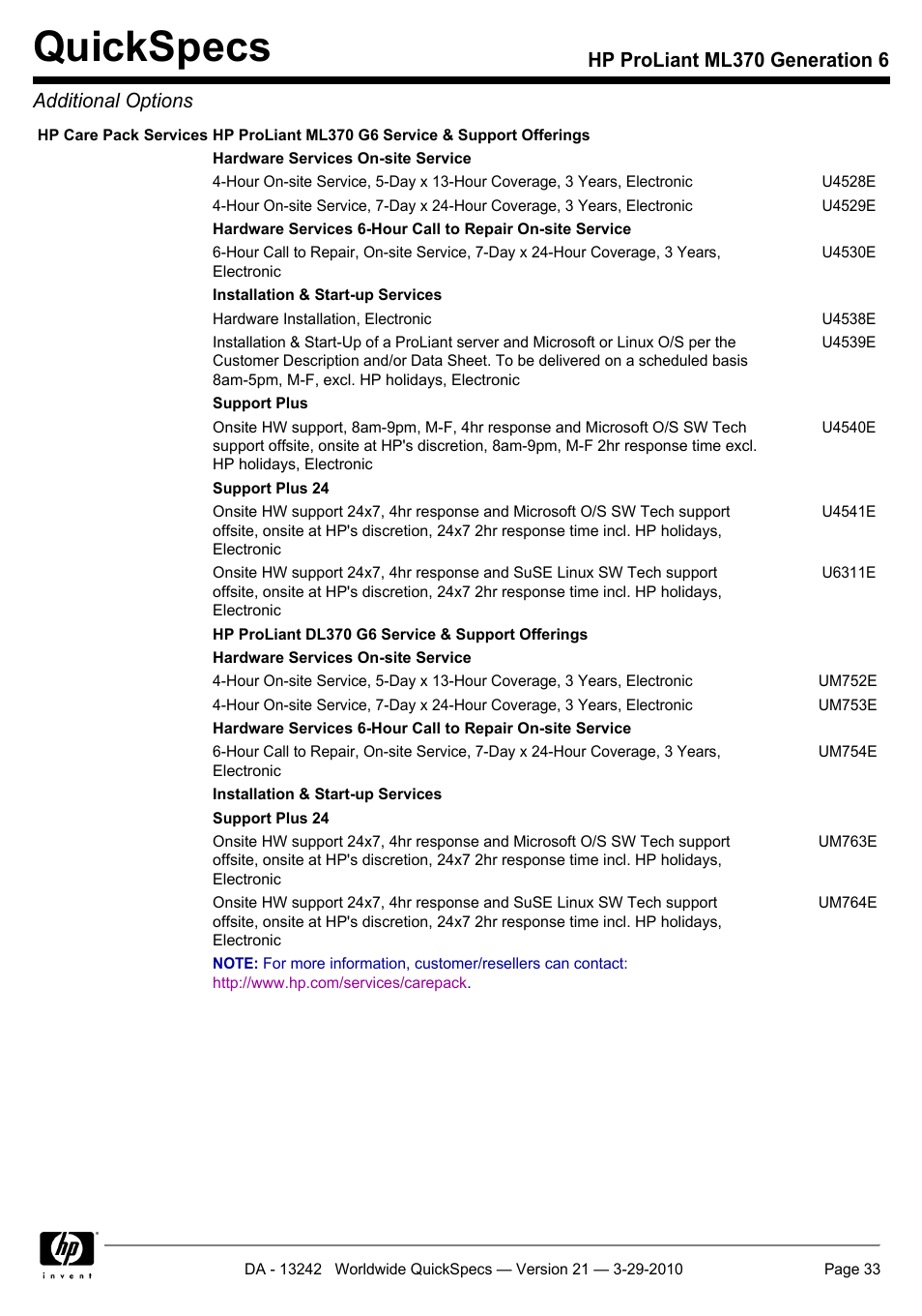 Quickspecs, Hp proliant ml370 generation 6 additional options | HP ProLiant ML370 User Manual | Page 33 / 50