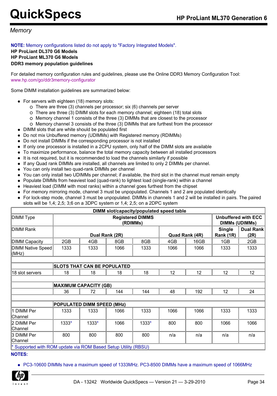 Memory, Quickspecs | HP ProLiant ML370 User Manual | Page 34 / 50
