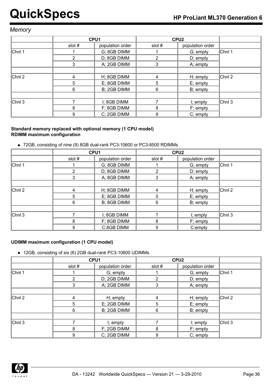 Quickspecs | HP ProLiant ML370 User Manual | Page 36 / 50