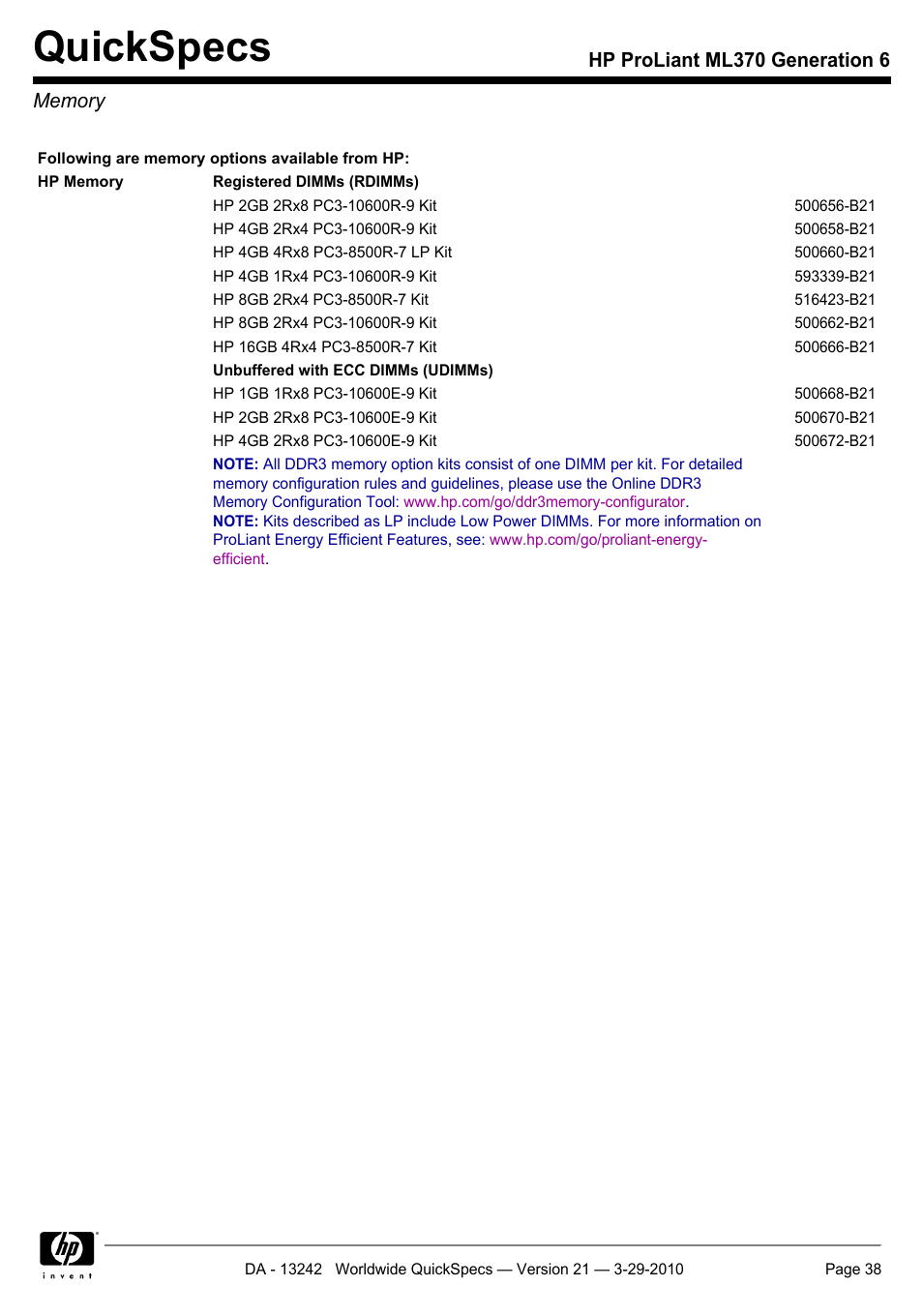 Quickspecs | HP ProLiant ML370 User Manual | Page 38 / 50