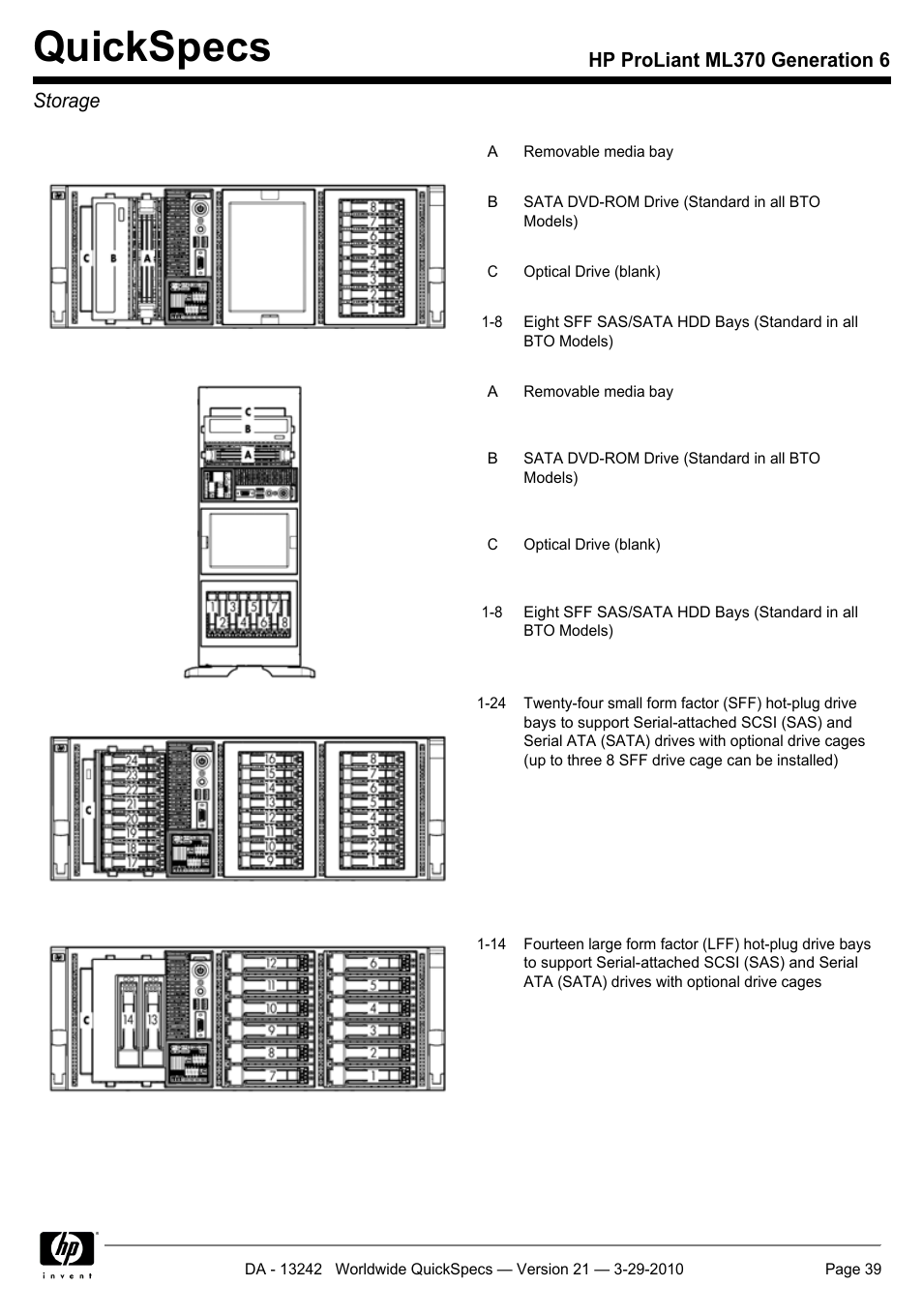 Storage, Quickspecs, Hp proliant ml370 generation 6 storage | HP ProLiant ML370 User Manual | Page 39 / 50