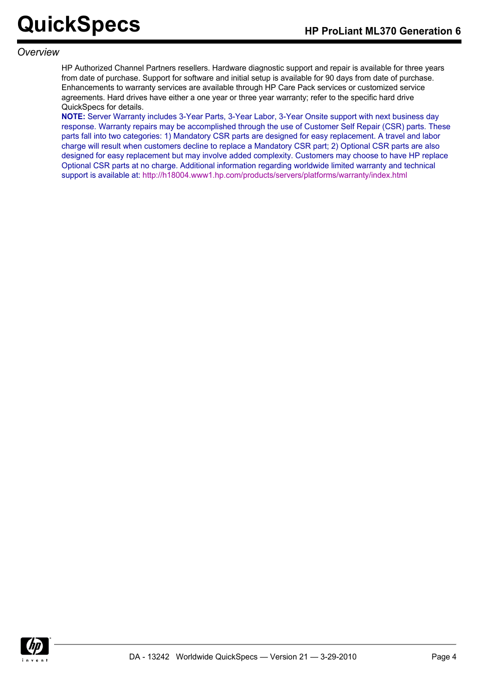 Quickspecs | HP ProLiant ML370 User Manual | Page 4 / 50