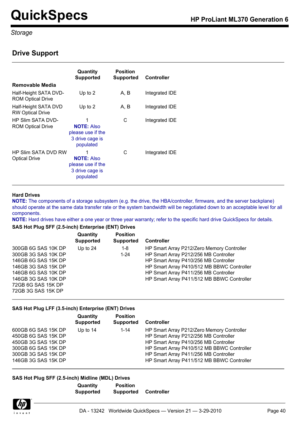 Quickspecs, Drive support, Hp proliant ml370 generation 6 storage | HP ProLiant ML370 User Manual | Page 40 / 50