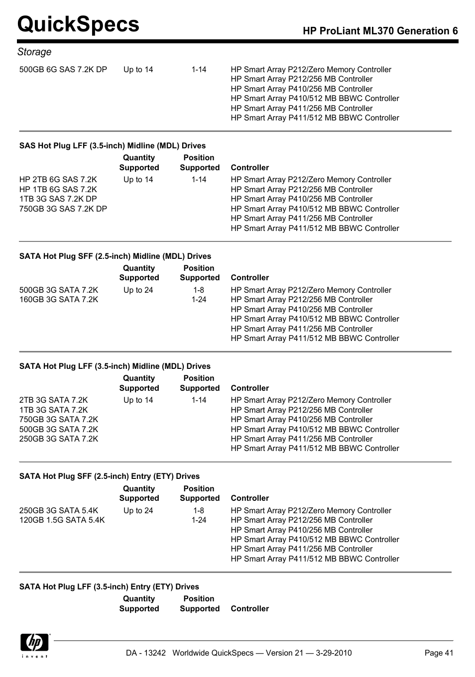 Quickspecs, Hp proliant ml370 generation 6 storage | HP ProLiant ML370 User Manual | Page 41 / 50