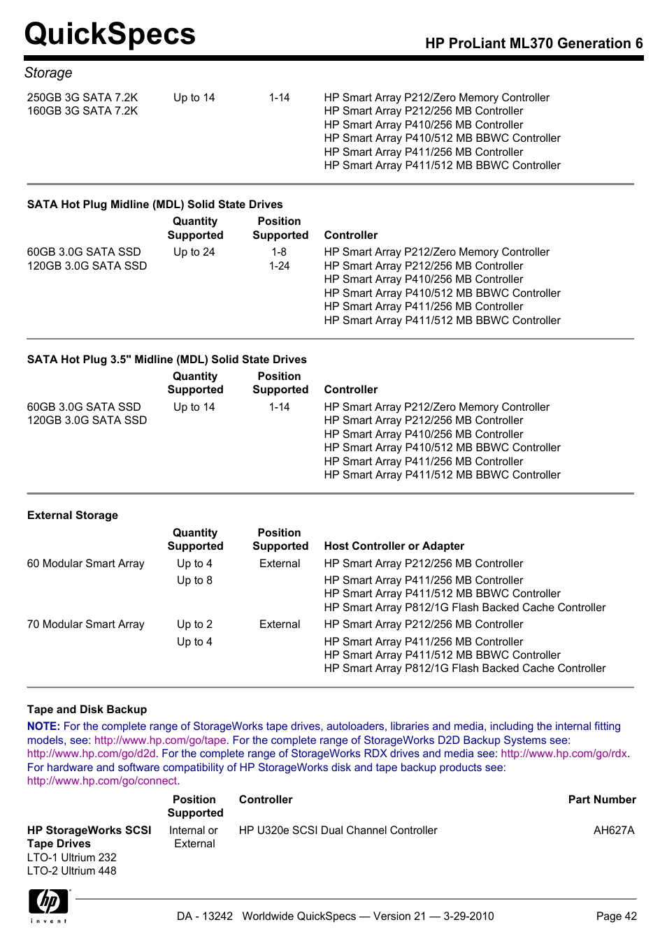 Quickspecs, Hp proliant ml370 generation 6 storage | HP ProLiant ML370 User Manual | Page 42 / 50