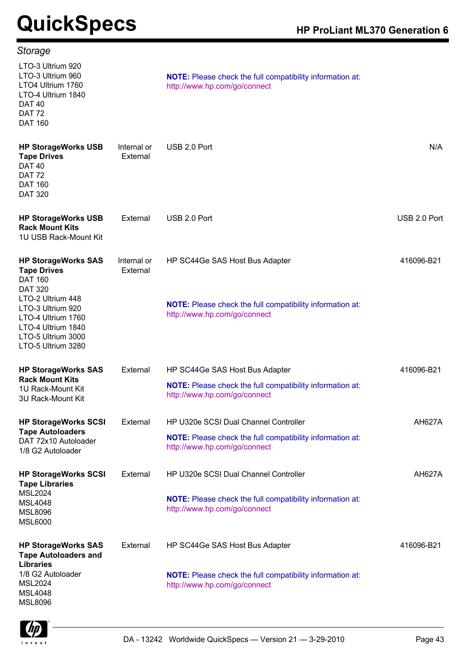 Quickspecs, Hp proliant ml370 generation 6 storage | HP ProLiant ML370 User Manual | Page 43 / 50