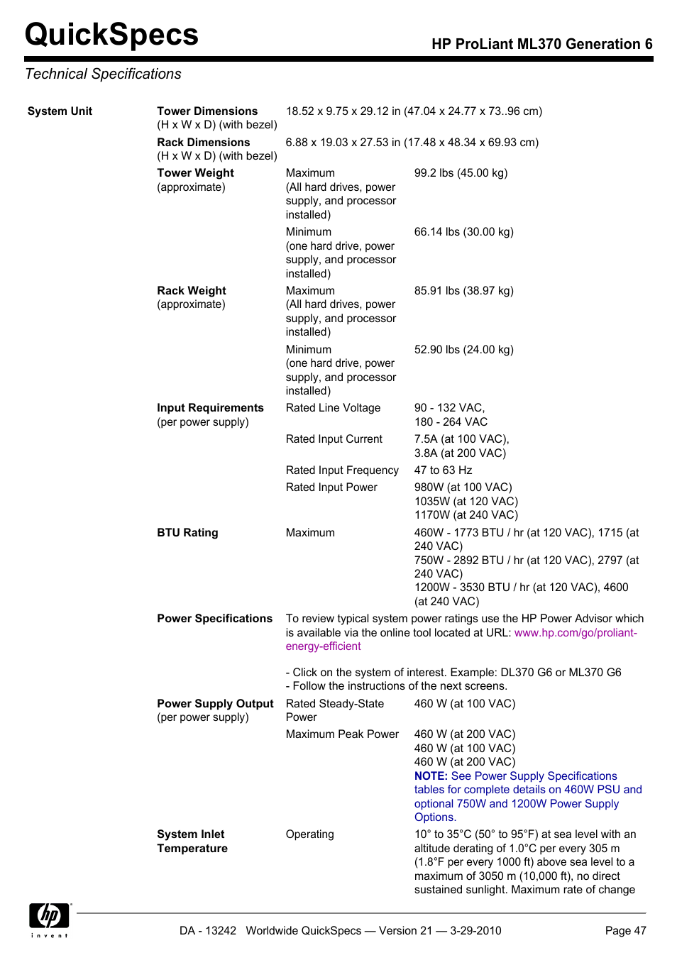 Technical specifications, Quickspecs | HP ProLiant ML370 User Manual | Page 47 / 50