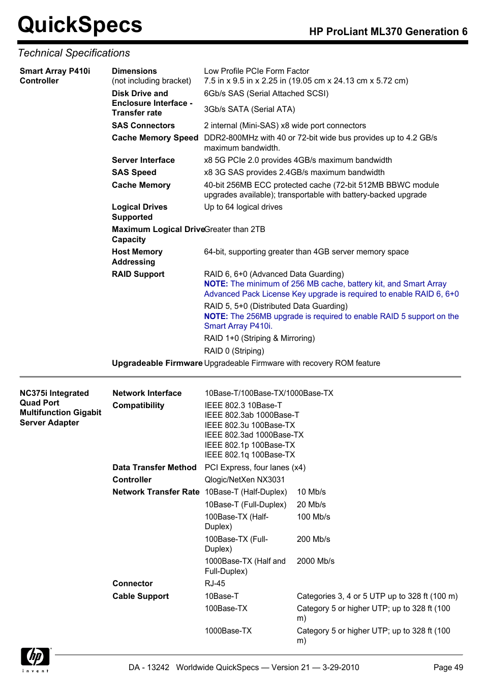 Quickspecs | HP ProLiant ML370 User Manual | Page 49 / 50