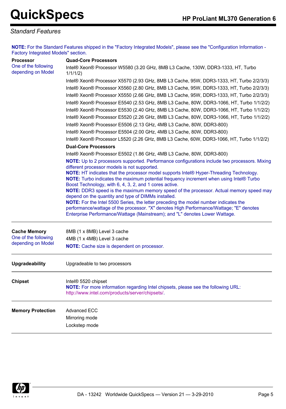 Standard features, Quickspecs, Hp proliant ml370 generation 6 standard features | HP ProLiant ML370 User Manual | Page 5 / 50