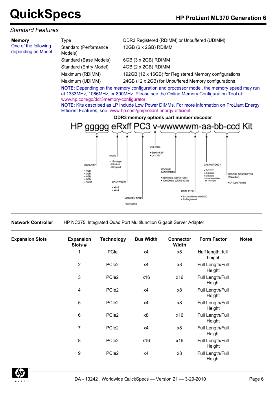 Quickspecs, Hp proliant ml370 generation 6 standard features | HP ProLiant ML370 User Manual | Page 6 / 50
