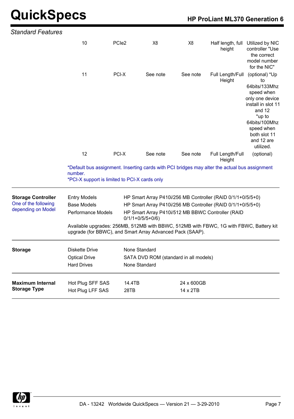 Quickspecs, Hp proliant ml370 generation 6 standard features | HP ProLiant ML370 User Manual | Page 7 / 50