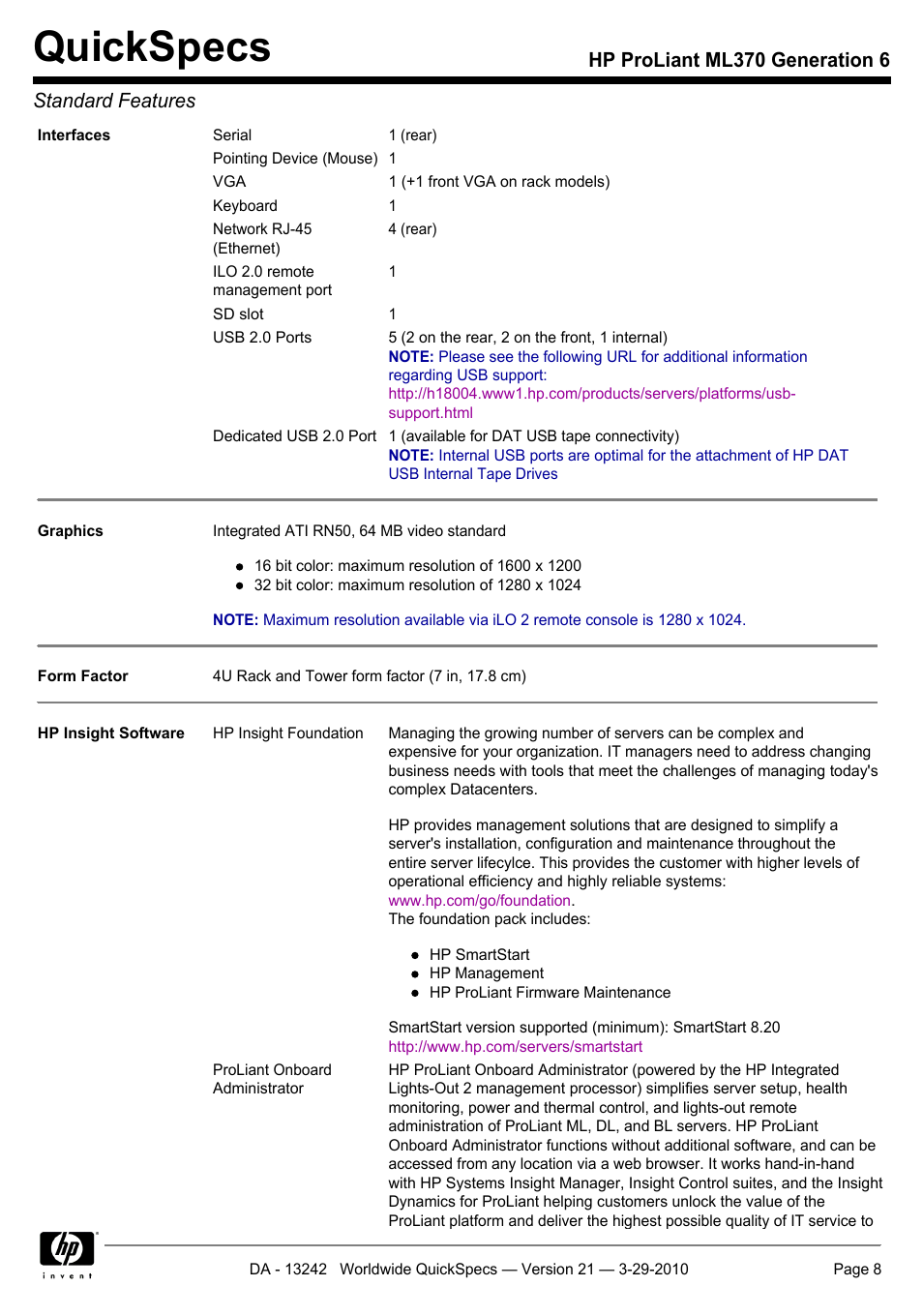 Quickspecs, Hp proliant ml370 generation 6 standard features | HP ProLiant ML370 User Manual | Page 8 / 50