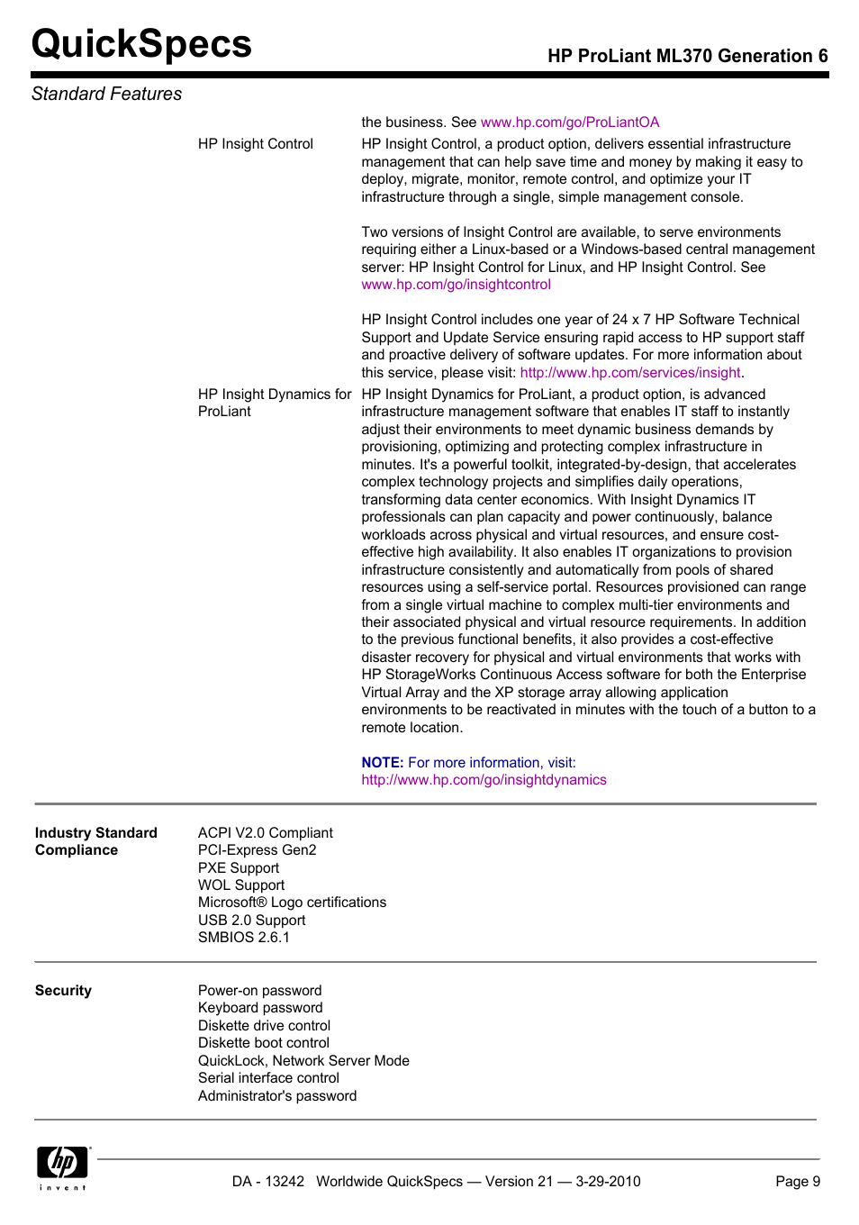 Quickspecs | HP ProLiant ML370 User Manual | Page 9 / 50