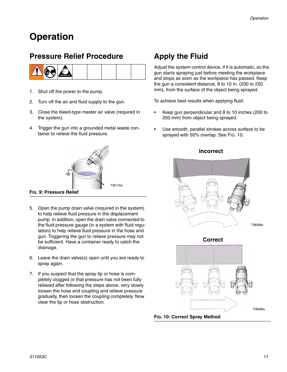 Operation, Pressure relief procedure, Apply the fluid | Pressure relief procedure ; se, The pressure relief procedure, Ge 11, a | HP 288048 User Manual | Page 11 / 30
