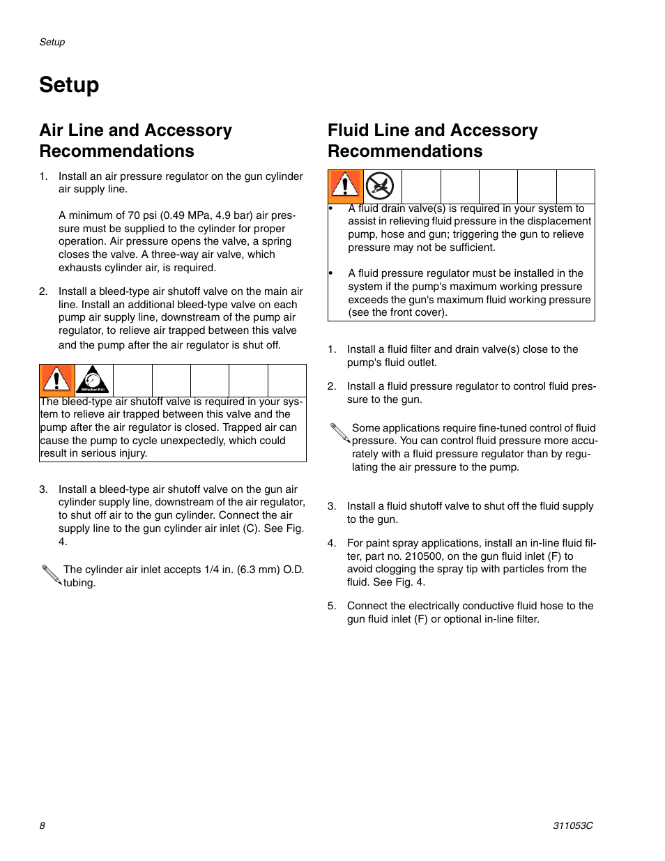 Setup, Air line and accessory recommendations, Fluid line and accessory recommendations | HP 288048 User Manual | Page 8 / 30