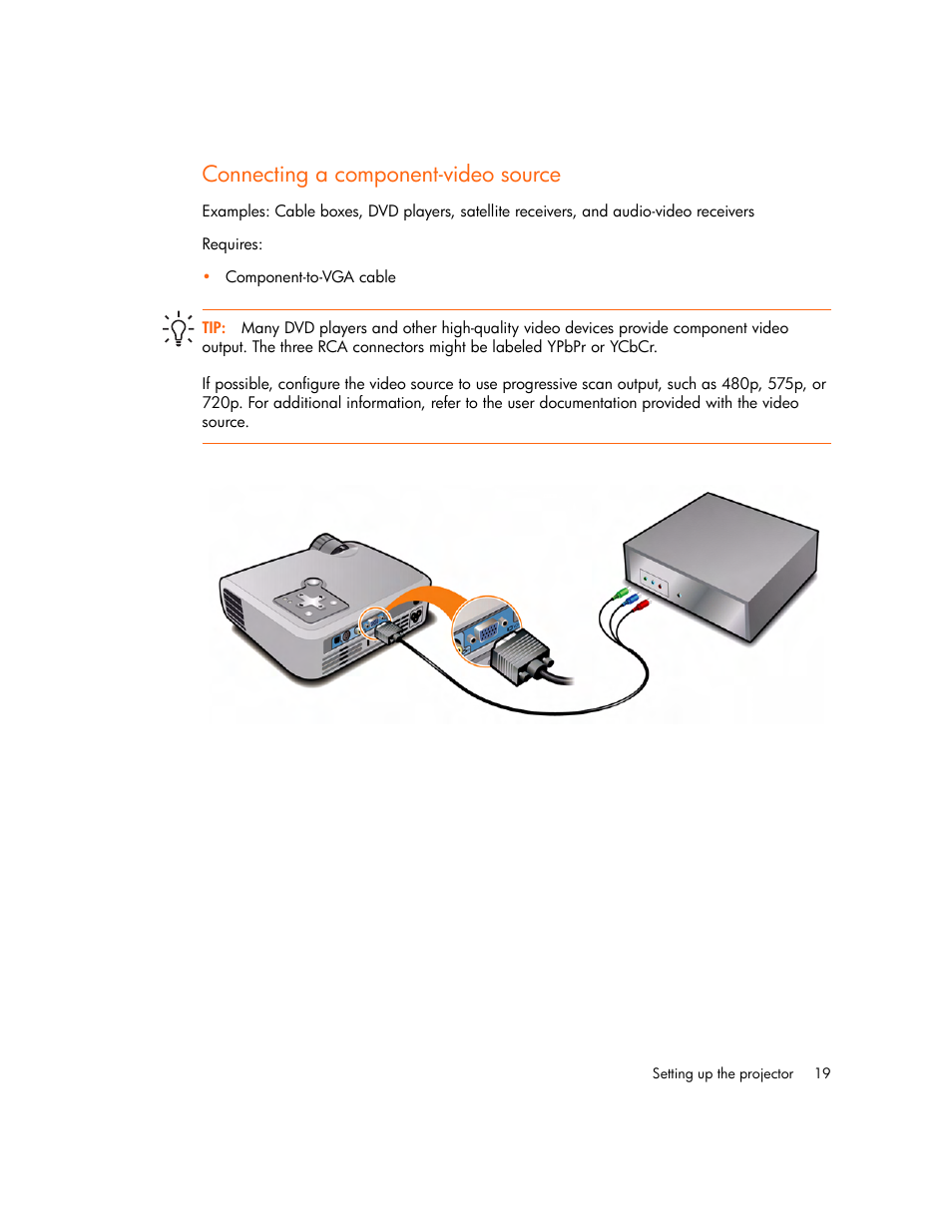 Connecting a component-video source | HP Digital mp2210 User Manual | Page 19 / 64